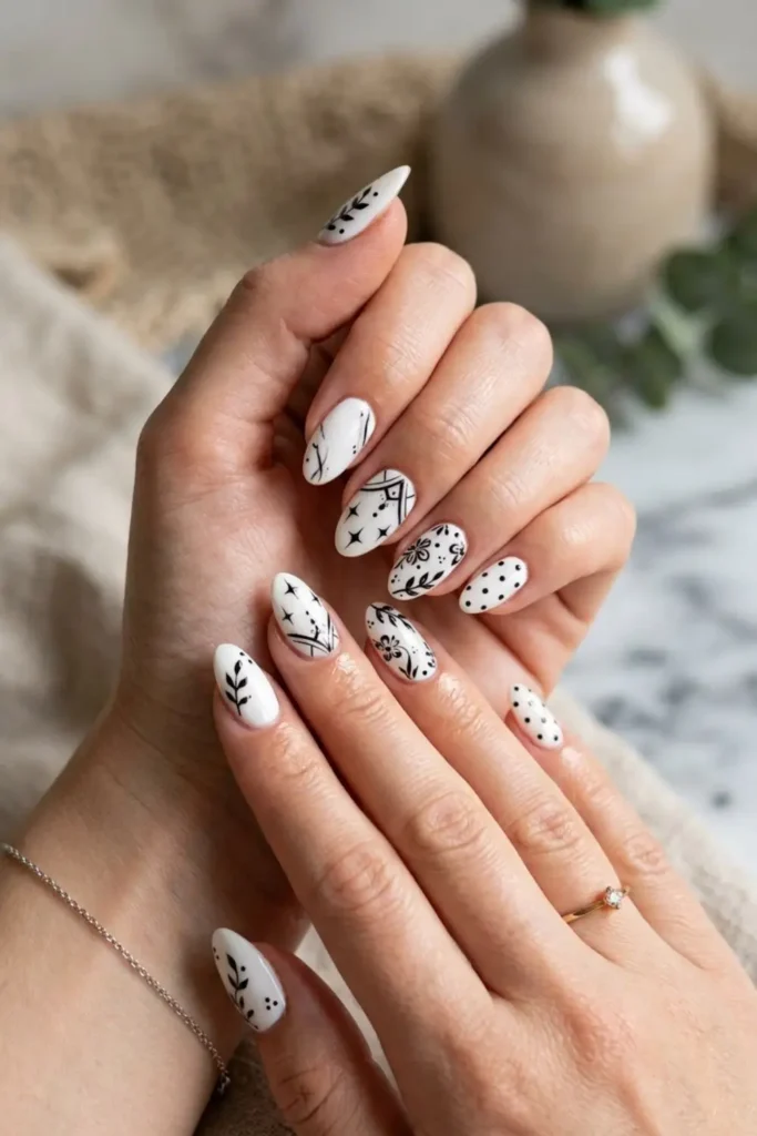 Classy black and white nail design with minimalist accents and sophisticated modern patterns.