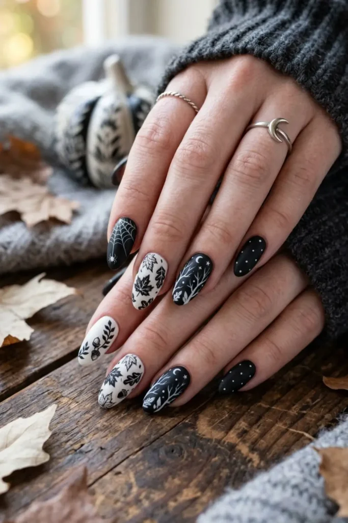 Stylish black and white fall nails with seasonal patterns and elegant autumn-inspired details.