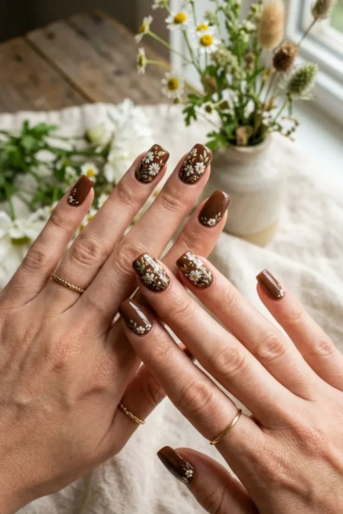 Warm brown nails decorated with delicate floral nail art for a classy natural look.