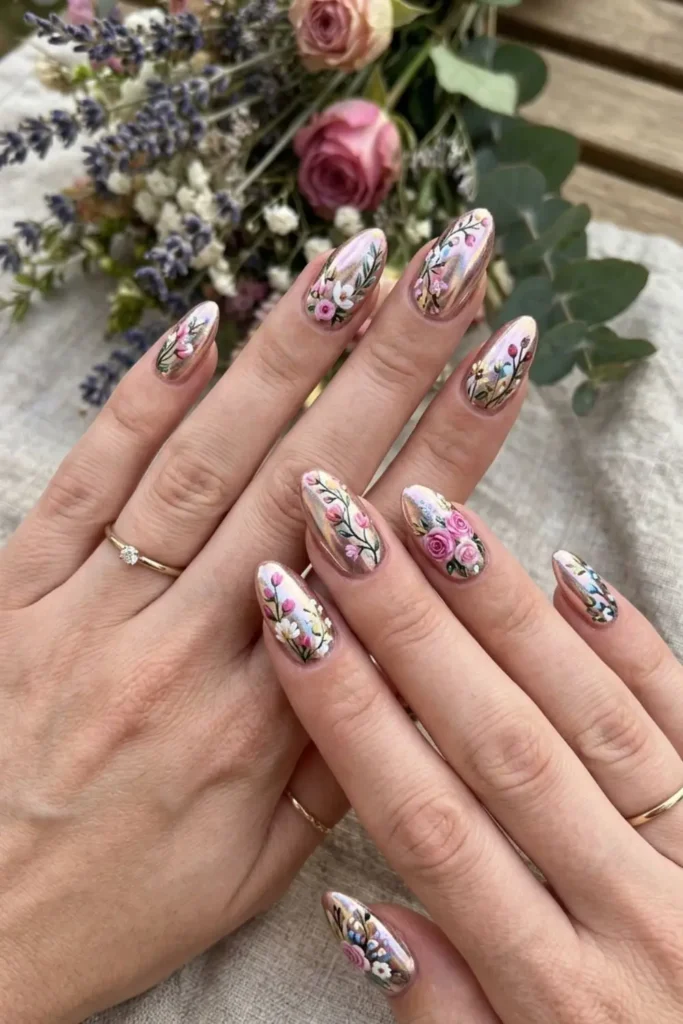 Chrome gel nails featuring stunning floral designs with a glossy and elegant finish.