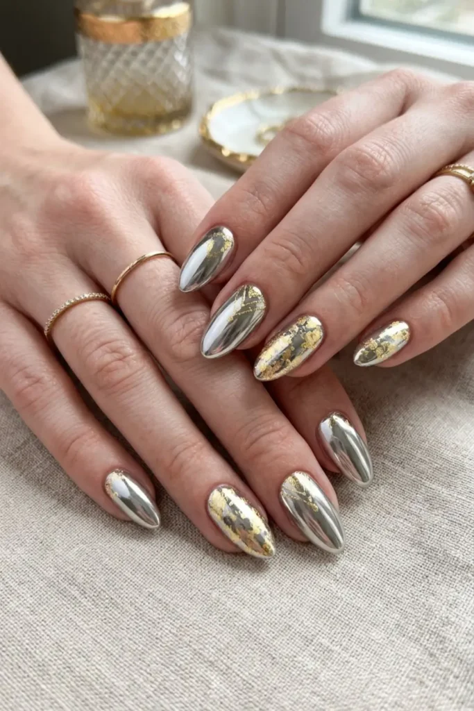 Luxurious chrome nails featuring elegant gold accents for a glamorous and polished manicure.