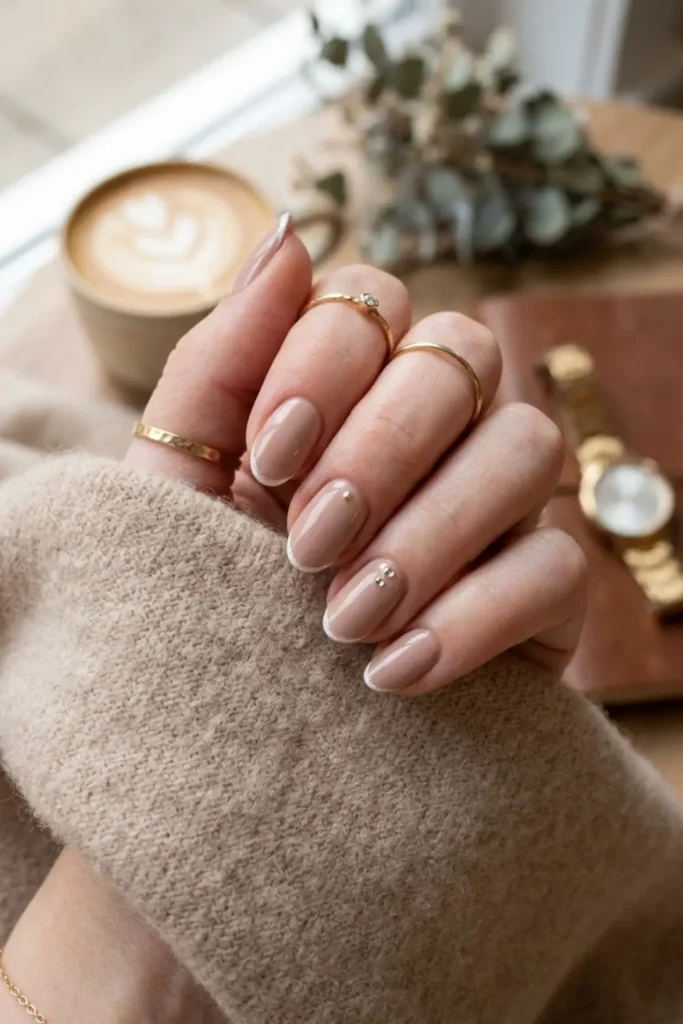 Elegant neutral nails in nude and beige shades for a timeless everyday manicure.