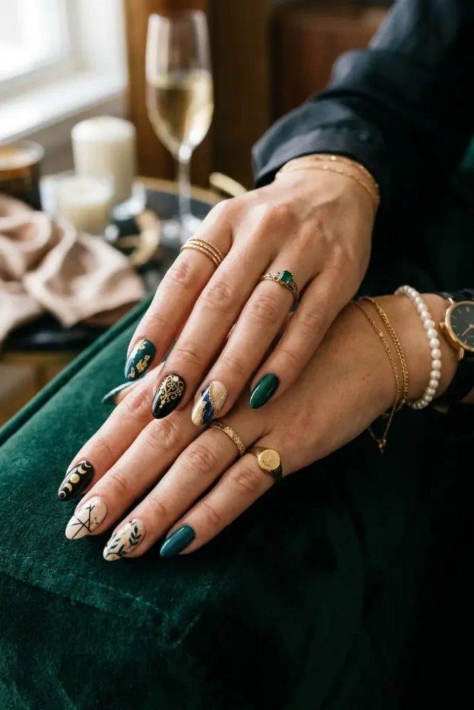 Classy eclectic manicure featuring mixed nail art styles with modern elegant details.