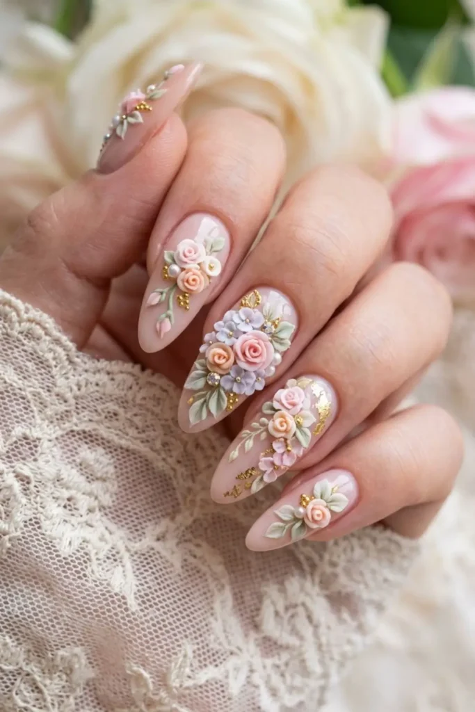 Beautiful 3D floral nail art with raised flower details for an elegant manicure.