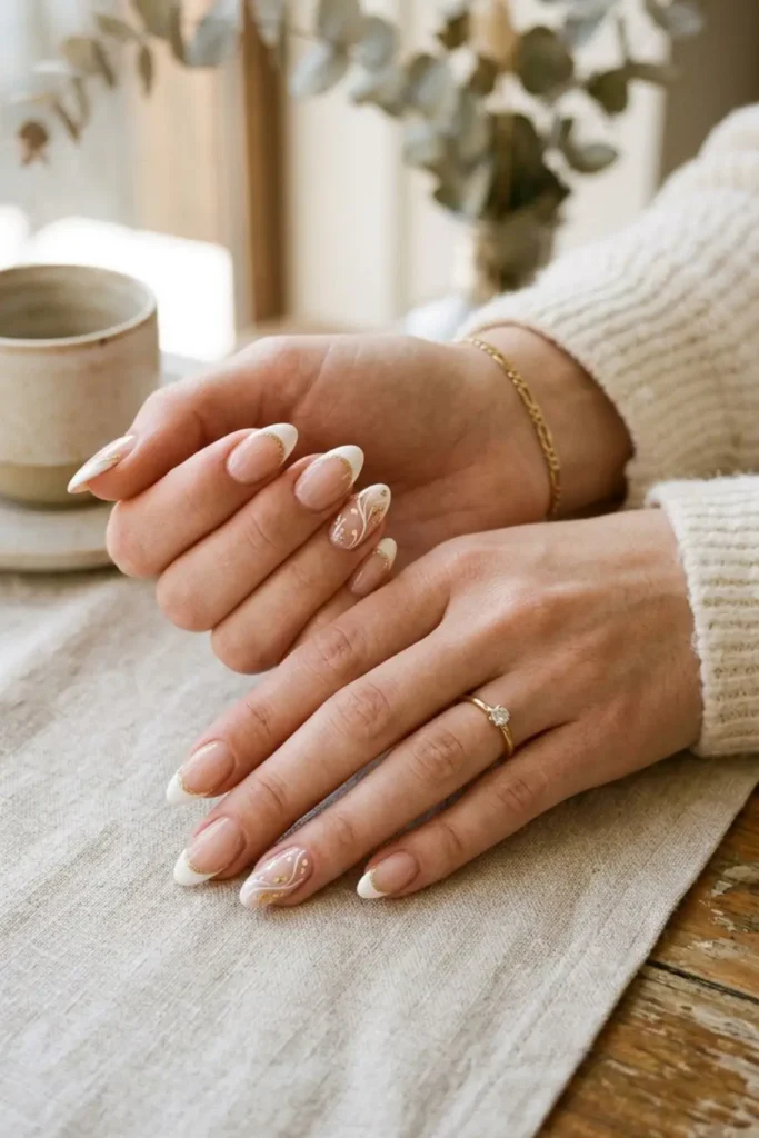 Elegant French manicure with modern colorful tips and stylish details for a chic nail look.