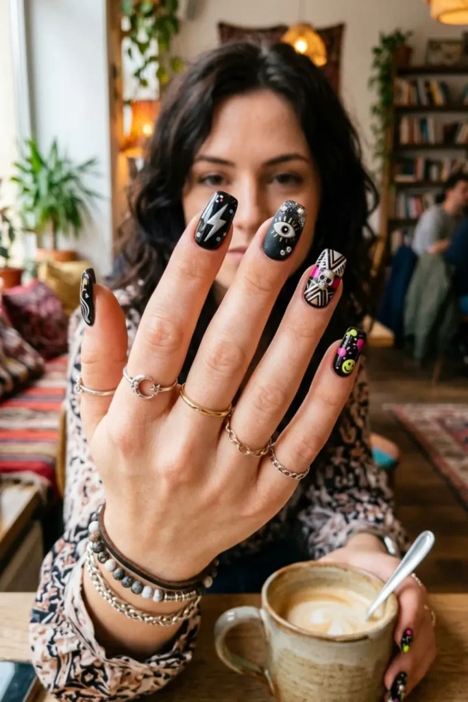 Creative black nail design with bold patterns, glitter, and modern artistic details.