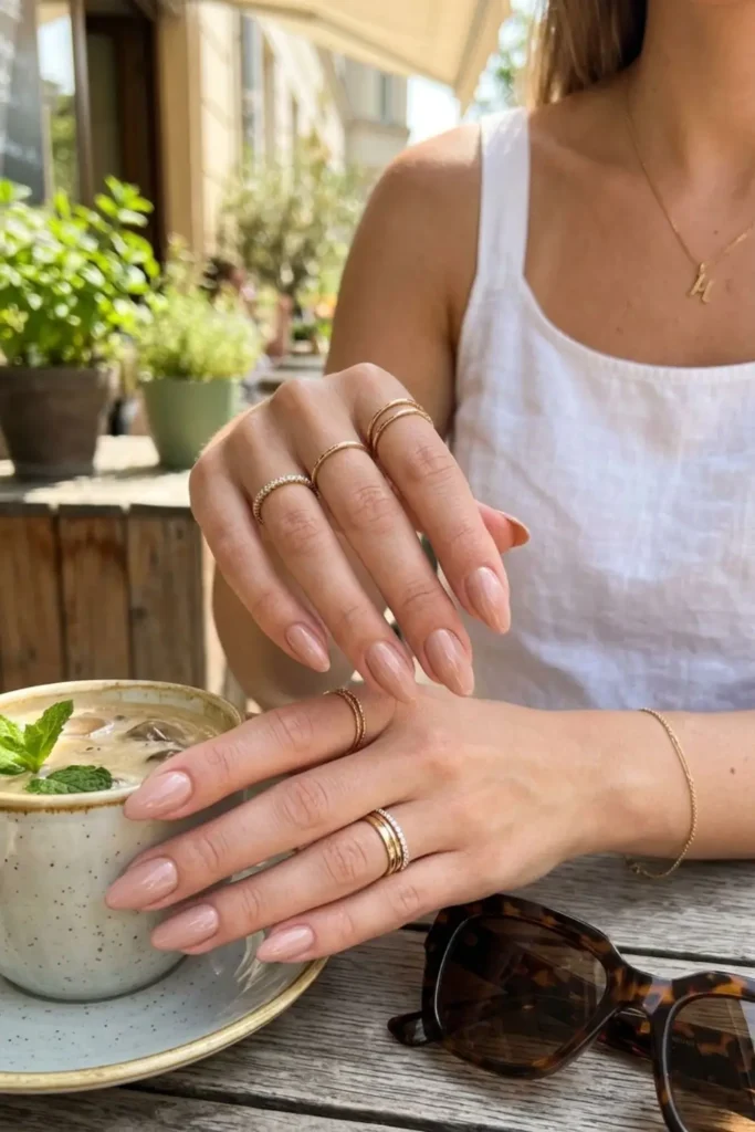 Glamorous nude manicure with sparkling accents and elegant glossy nail finishes.