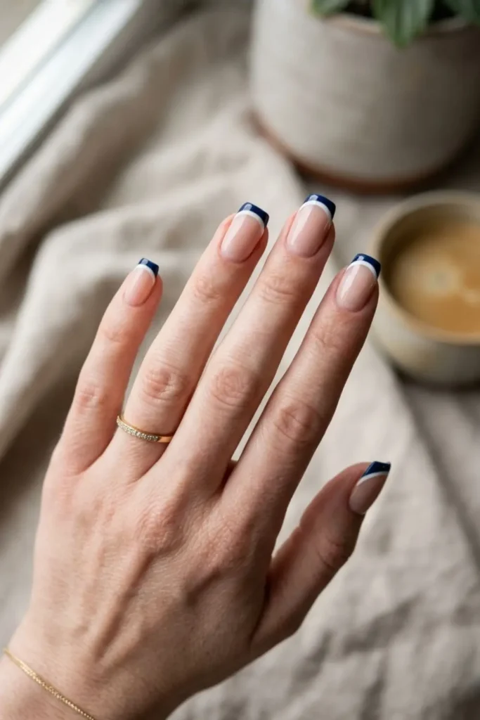 Navy blue and white French manicure with modern tips for a sophisticated nail look.