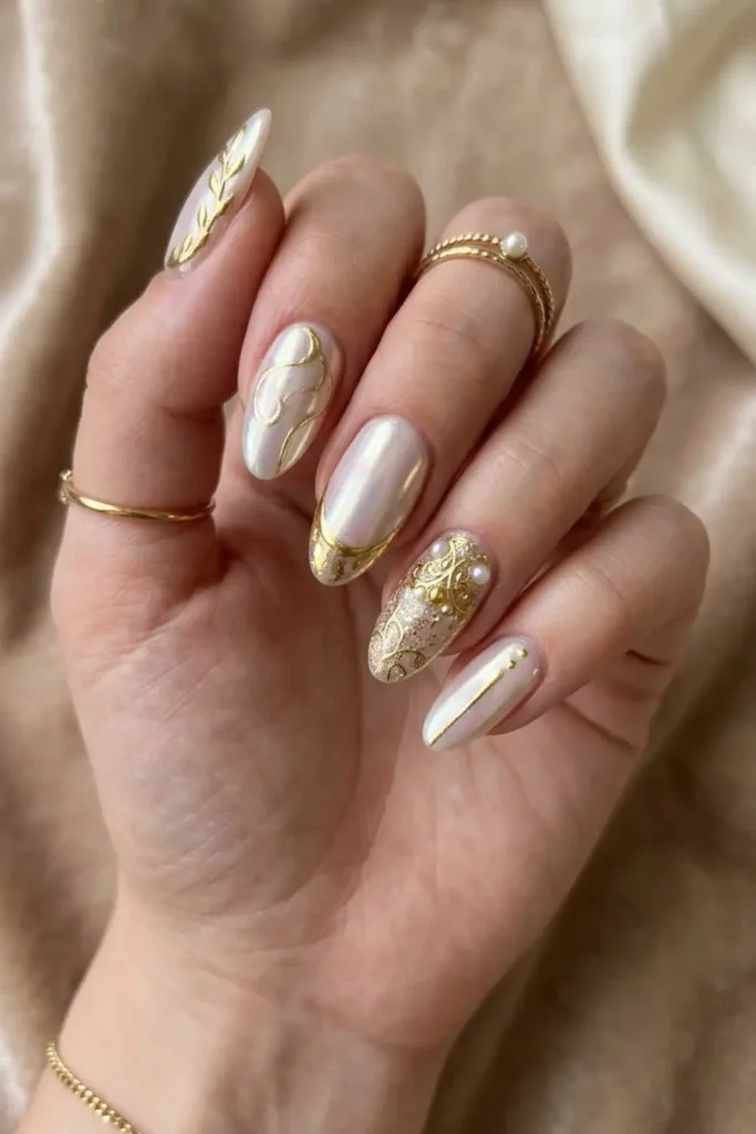 Pearl chrome nails with subtle gold accents creating a soft and luxurious manicure.