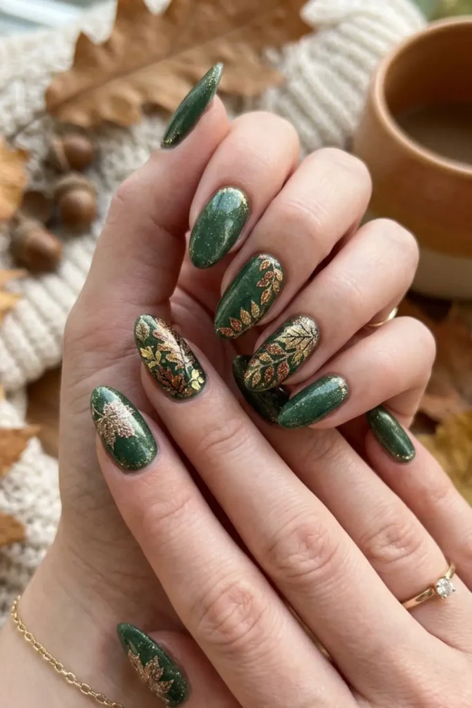 Sparkly leaf nail art with glitter details inspired by elegant seasonal botanical designs.