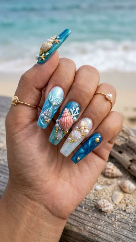3D seashell ocean inspired acrylic nails with realistic beach details