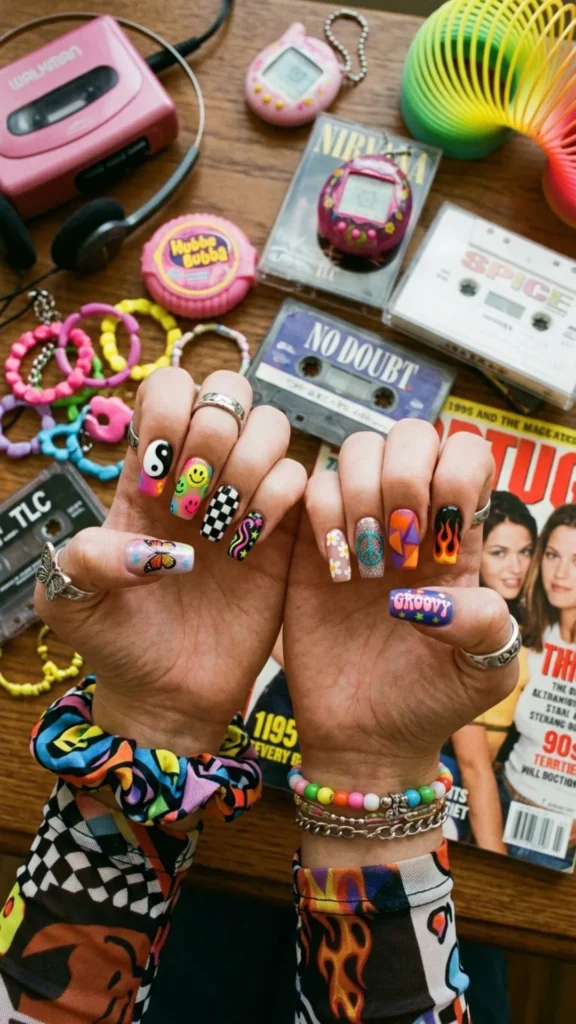 Retro 90s nail art with colorful patterns and nostalgic designs.