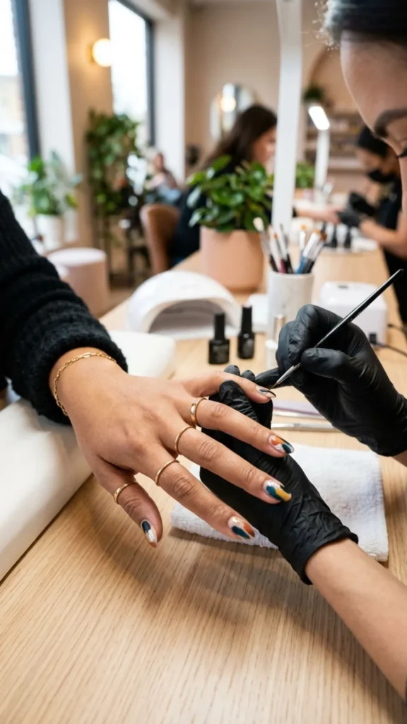 Modern abstract nail art featuring creative shapes, bold lines, and artistic color combinations.