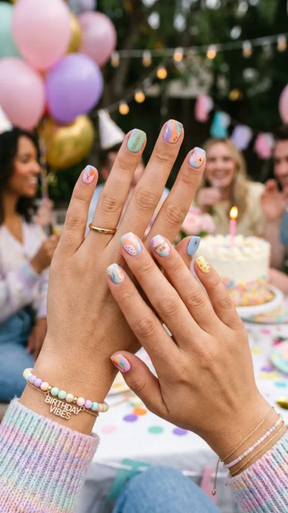 Trendy coffin birthday nails with abstract pastel patterns.