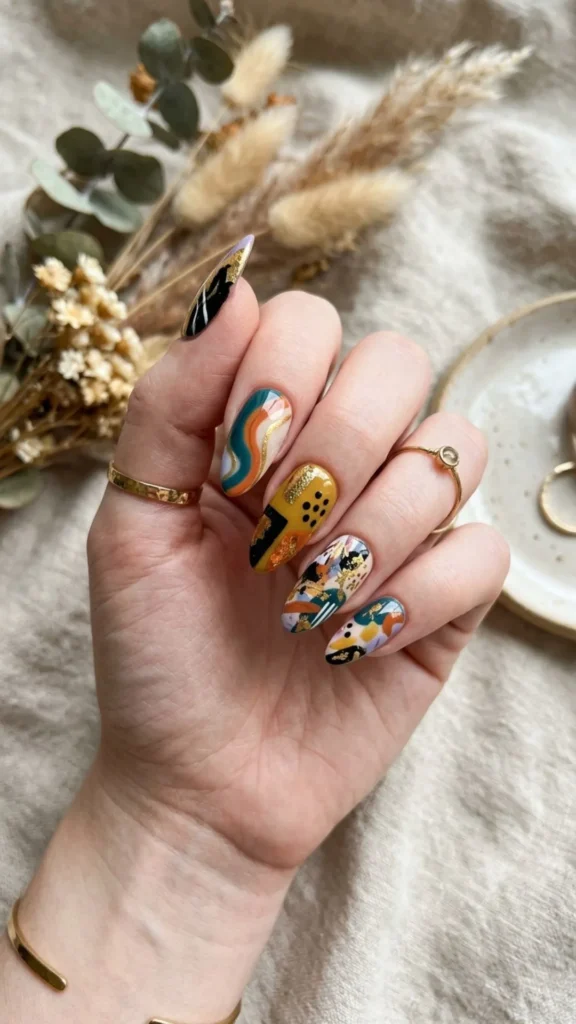 Modern abstract press-on nails with bold artistic patterns.
