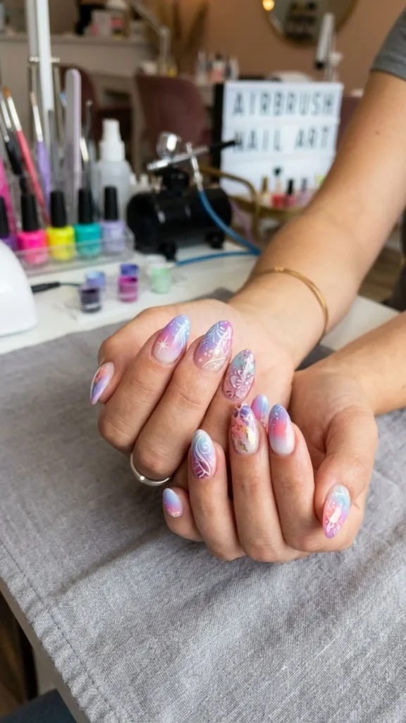 Smooth airbrushed nails with flawless gradient effects.