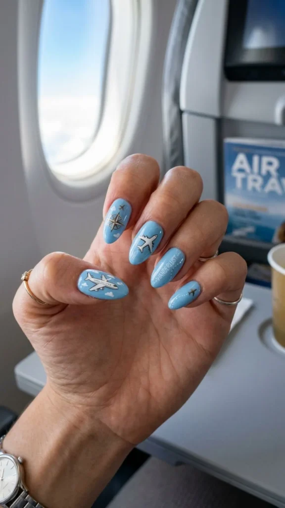 Chic airplane accent nails with sky blue polish and detailed aviation-inspired nail art.