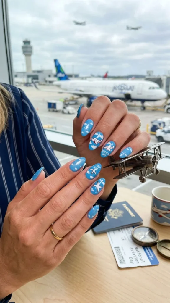 Chic Airplane Accent Nails with Flight Details