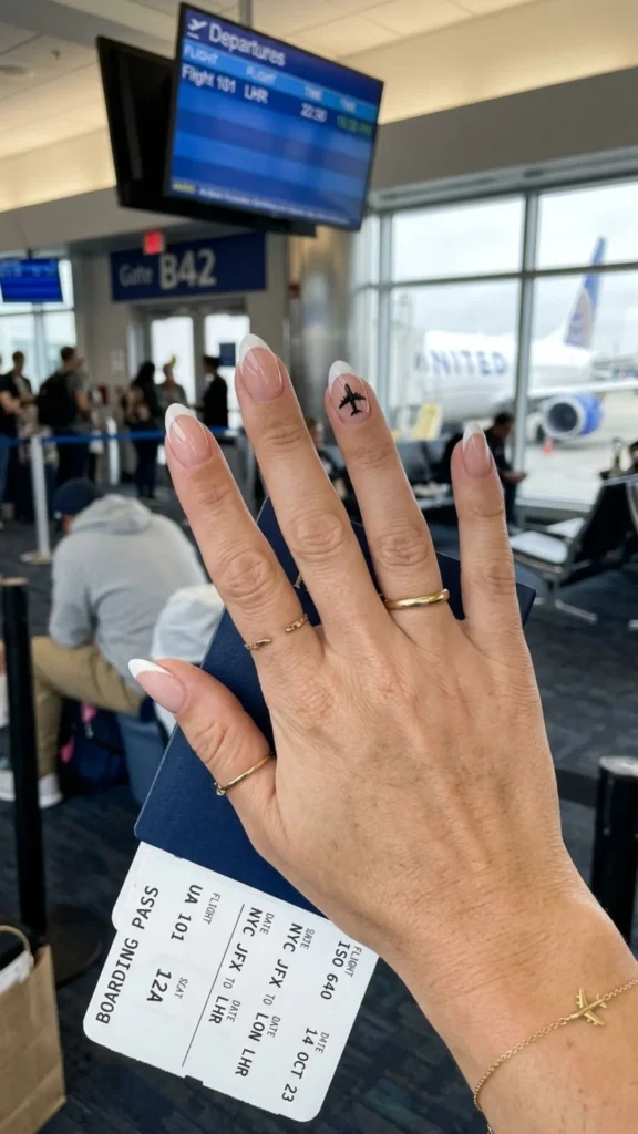 Elegant airplane French tip nails combining classic French tips with creative travel-inspired accents.
