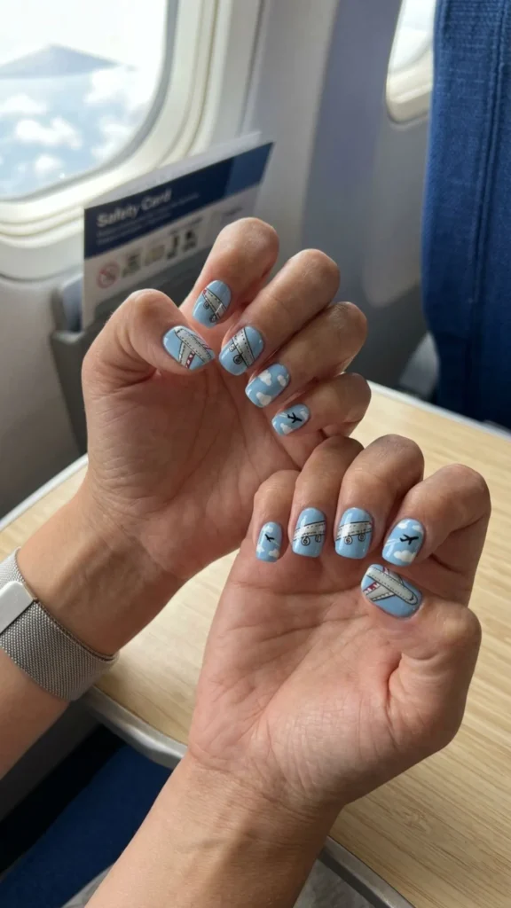 Creative airplane wing nail art featuring sleek aircraft details and modern aviation-inspired manicure styling.
