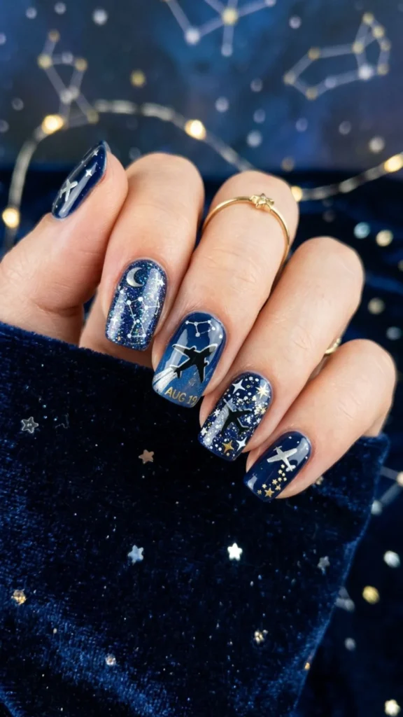 Airplane Nails with Dreamy Starry Sky Details