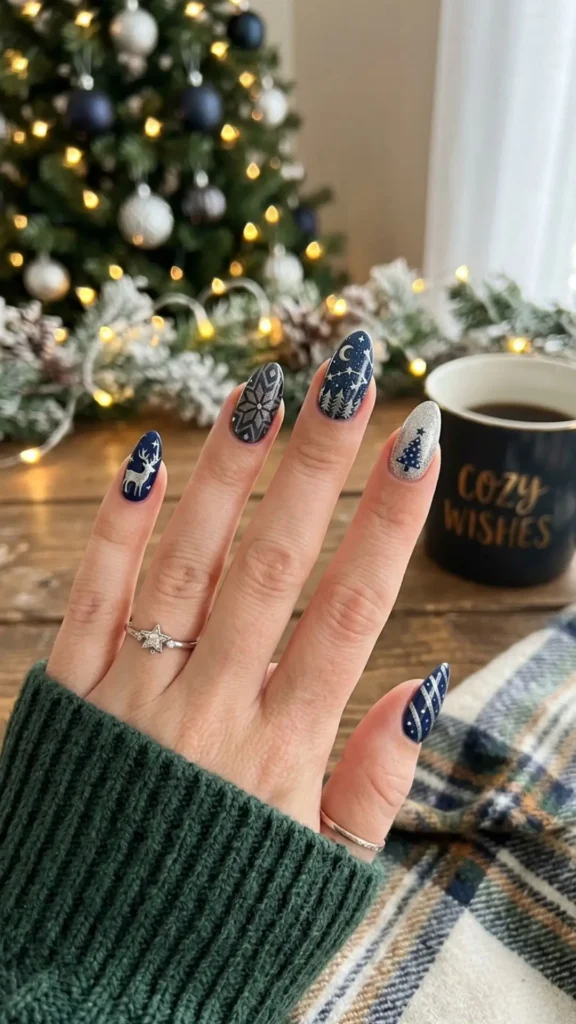 Modern holiday nail design with unique festive colors and elegant seasonal accents.