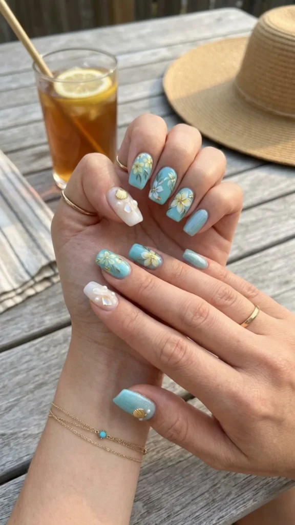 Fresh aqua blue nails featuring delicate flowers and seashell accents for a breezy summer manicure.