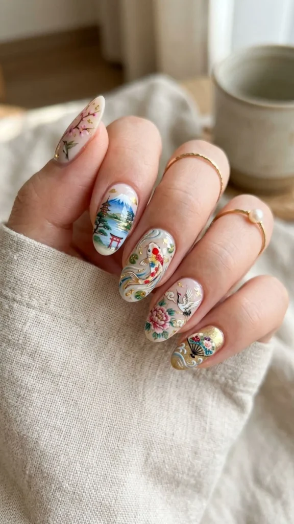 Elegant Asian-inspired nails with delicate hand-painted details.
