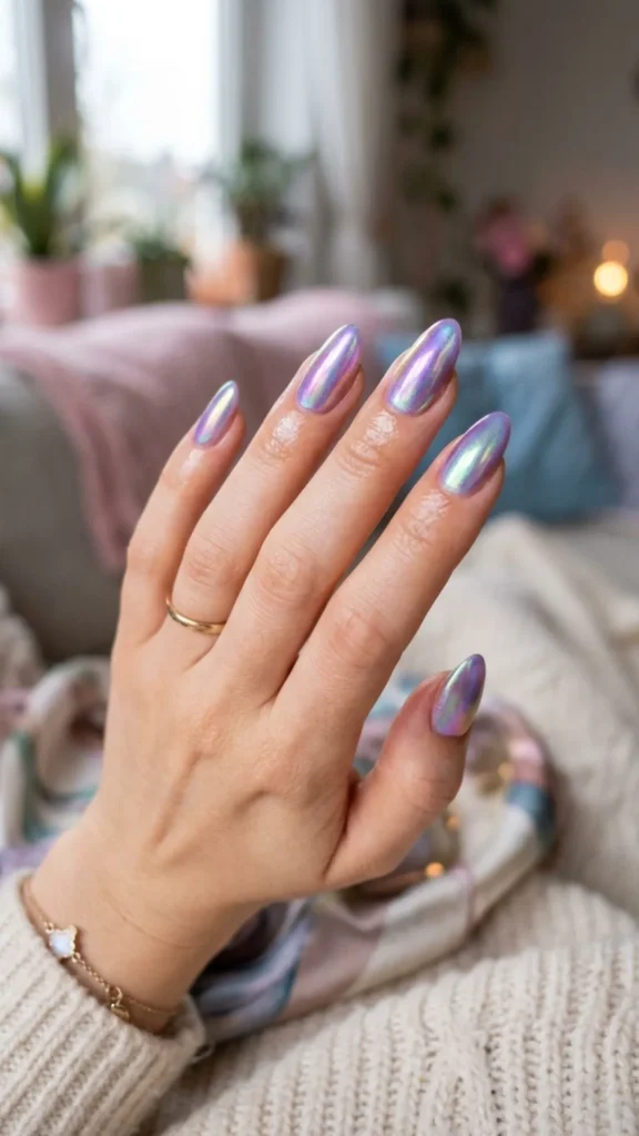 Shimmering aurora glazed nails deliver an iridescent glow for a dreamy, elegant, and trendy summer style.