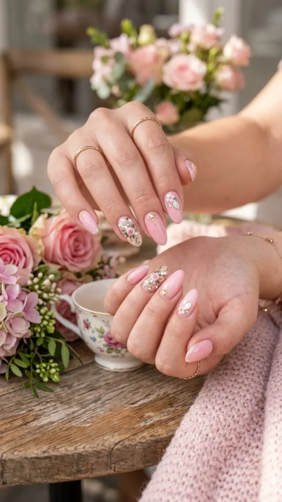  Baby pink floral accent nails with cute delicate details