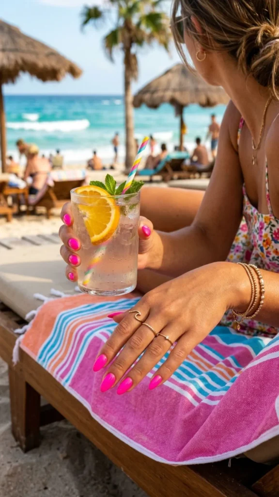 Glossy Barbie pink nails for a fun, feminine, and trendy summer style.
