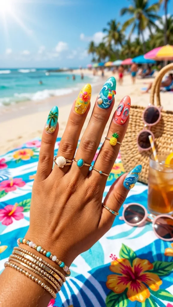 Colorful beach-inspired nails with shells, pearls, and tropical accents.
