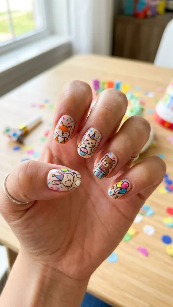 Playful birthday nails with adorable animal party illustrations.