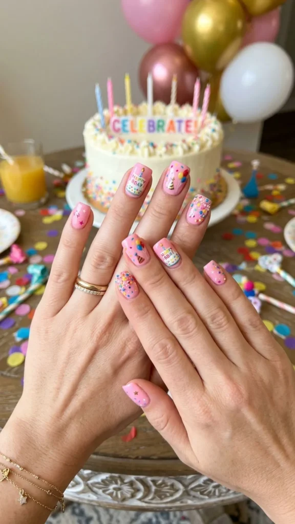 Squoval birthday nails featuring a cute decorated cake accent.