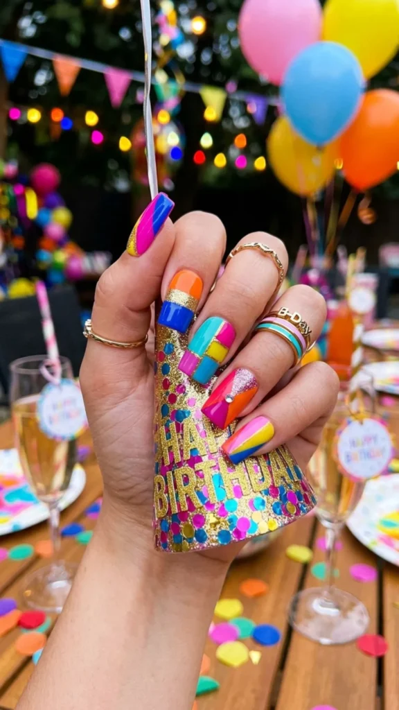 Bold square birthday nails with colorful geometric color blocks.