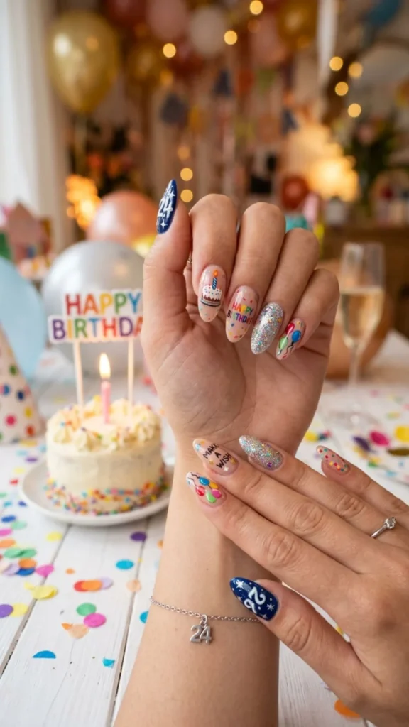 Festive birthday nails with colorful celebratory accents