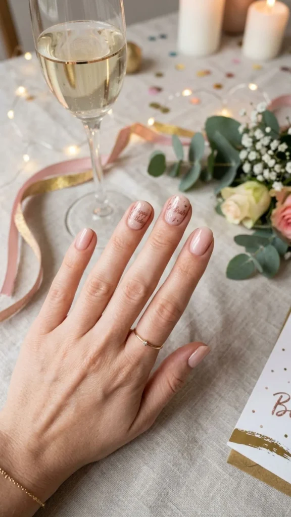 Short birthday nails with elegant script lettering and chic accents.