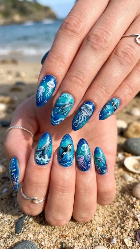 Blue ocean inspired nails featuring whales and colorful jellyfish