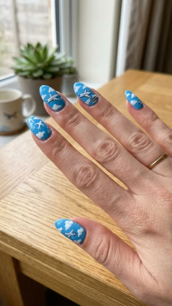 Stunning blue sky airplane nails with vibrant blue tones and playful flying motifs.
