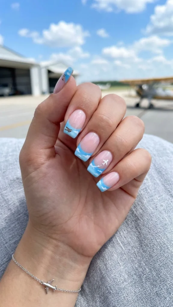 Elegant Blue Sky French Tips with Airplanes