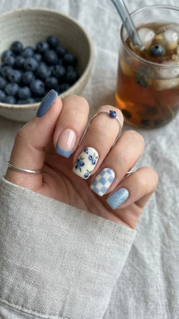 Cute blueberry accent nails with fresh blue details