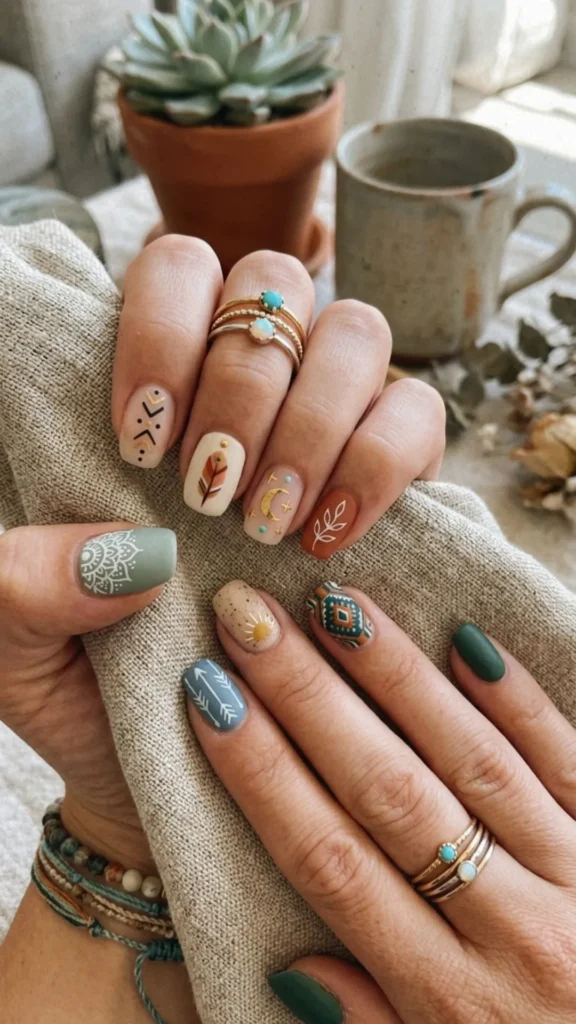 Relaxed boho-inspired nails featuring earthy tones, artistic patterns, and free-spirited details.