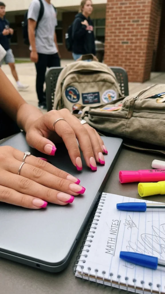 Nude nails with bold fuchsia French tips creating a chic and fashionable statement manicure.
