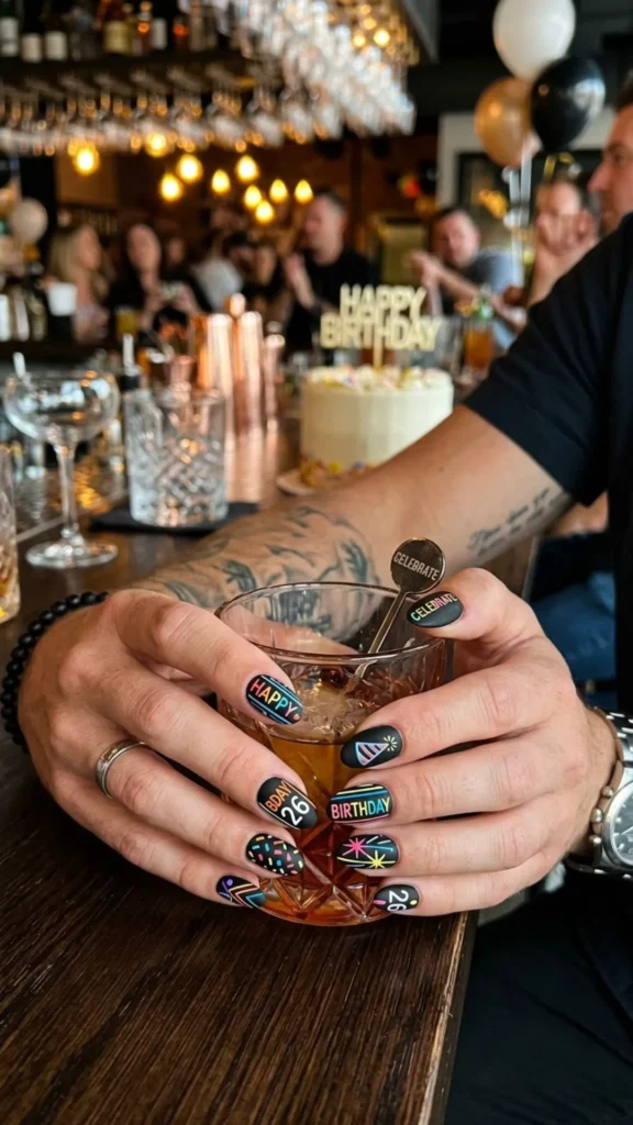 Modern oval birthday nails with bold graphic line patterns.