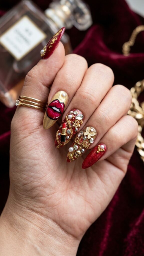 Bold lips nail art with glamorous red lip details, rhinestones, charms, and stylish 3D junk nails.