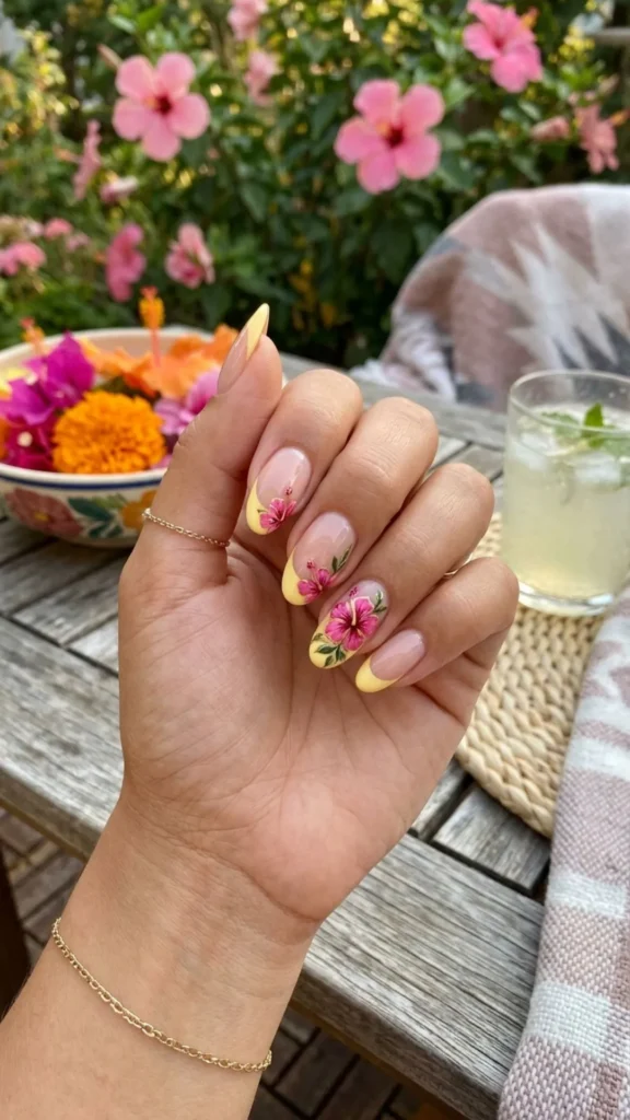  Colorful butter yellow French nails decorated with hot pink hibiscus flowers for a vibrant tropical manicure.