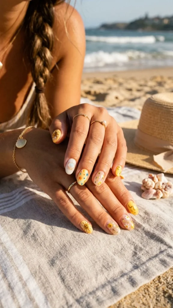 Playful butter yellow nails featuring sunny accents and seashell details for a cheerful summer manicure.
