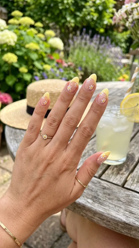 Butter yellow French tip nails with tiny white daisy details.