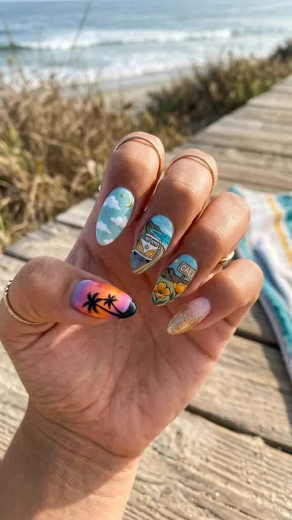 California-inspired nail art with beachy colors and sunset vibes.