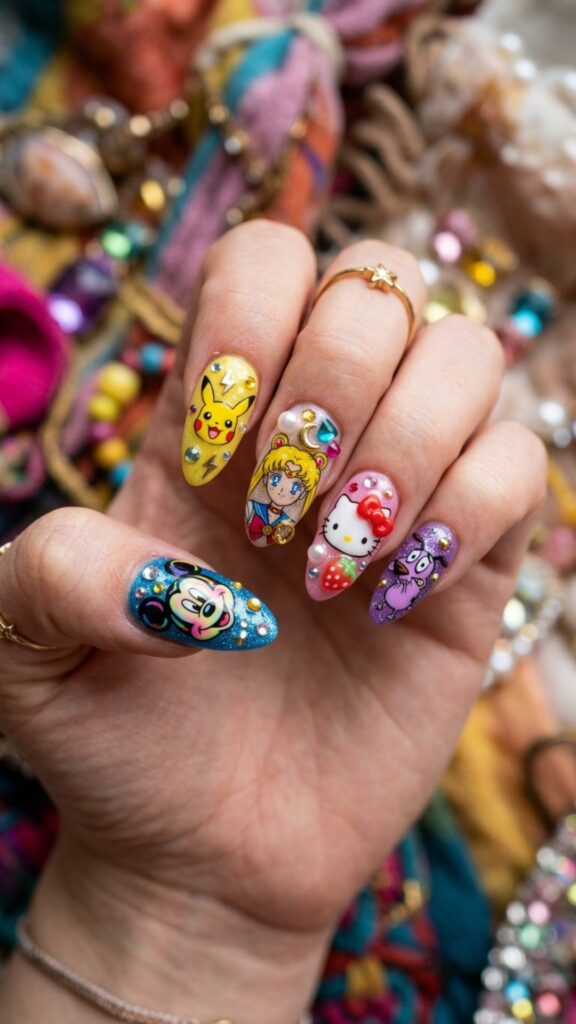 Cartoon character nails decorated with colorful bling, sparkling rhinestones, cute charms, and 3D nail details.